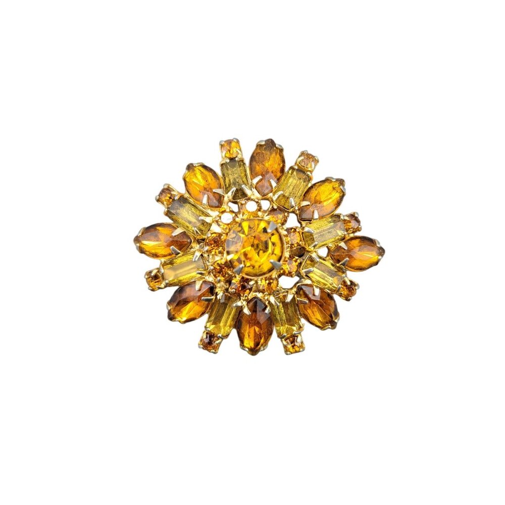 Vintage Rhinestone Brooch Pin Amber Citrine Topaz Colored Starburst Domed Floral - Picture 2 of 8